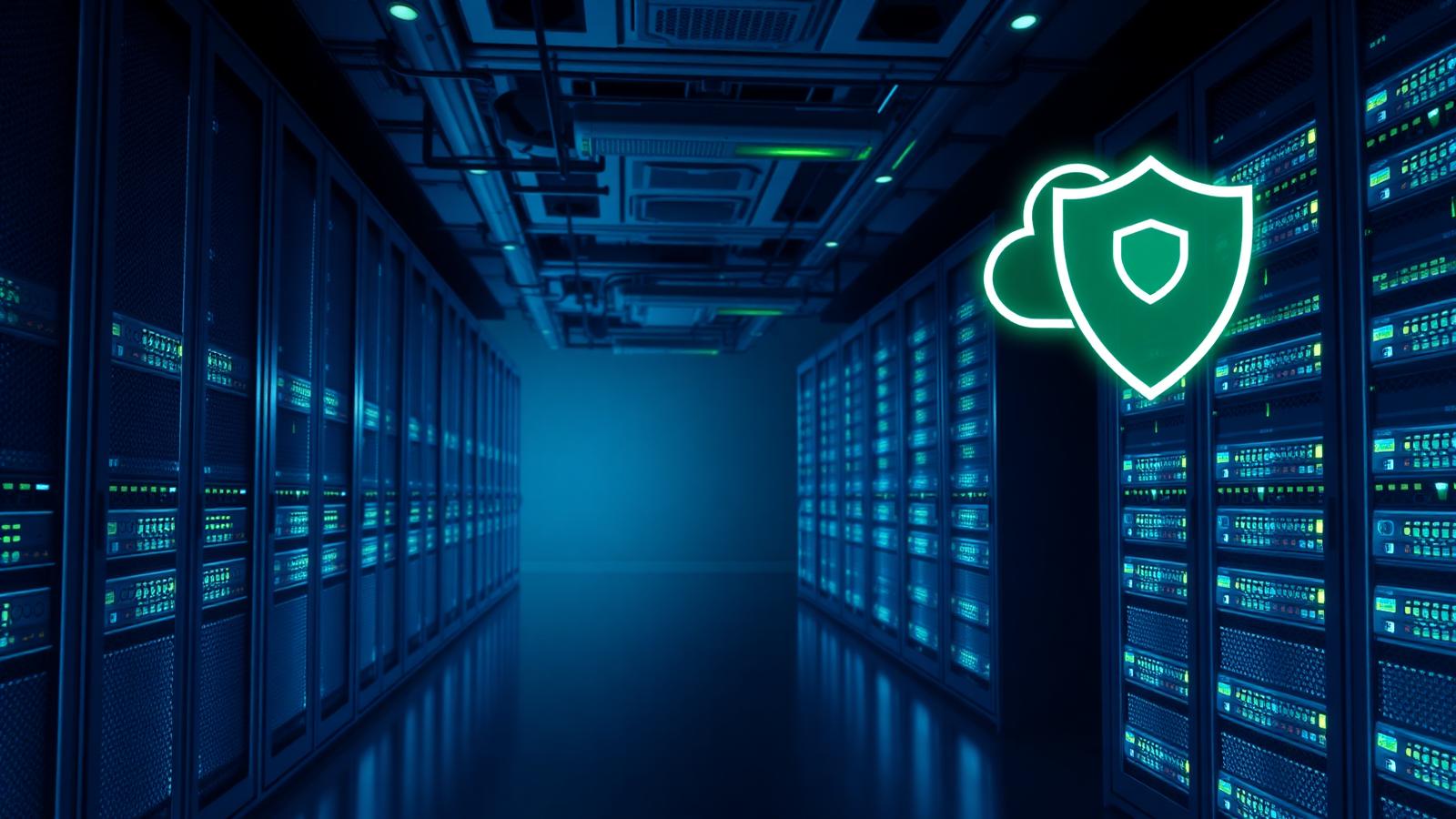 Data center com racks iluminados e ícone de escudo representando backup protegido